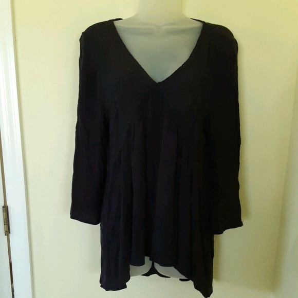 Eyeshadow Brand Vintage Boho Top Navy 3/4 Sleeve Tunic with Appliqué Size L EUC - Picture 1 of 8